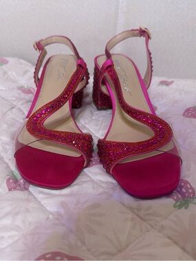 Betsey Johnson Hot Pink Crystal-Embellished Slingback Block Heels